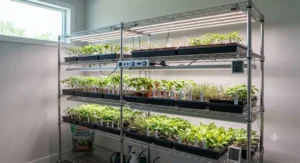 Professional-grade grow light rack for seedlings featuring full-spectrum lighting for healthy development.