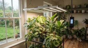 A high-performance grow light featuring precise timer and dimmer settings mounted above a variety of tropical houseplants.