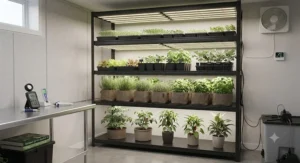 A professional-grade multi-tier grow light shelf setup with full-spectrum LED lighting.