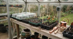 Seed trays on a potting bench inside a greenhouse for early spring propagation
