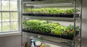 Healthy green seedlings thriving on a bright, efficient grow light rack for seedlings.