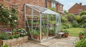 A compact best aluminium greenhouse suited for urban British patios and small back gardens