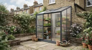 Compact polycarbonate lean-to greenhouse installed in a small urban British courtyard garden.