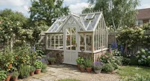 Compact traditional glass greenhouse ideal for growing tomatoes and herbs in a suburban British back garden