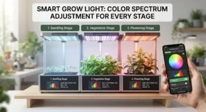 An illustrative display showing how a smart grow light with app control can adjust the colour spectrum for different plant growth stages.