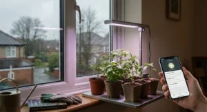 A smart grow light with app control providing essential light to indoor seedlings during the dark British winter months.