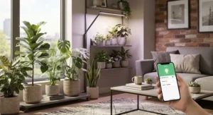 A stylish smart grow light with app control integrated into a contemporary living room setting to support indoor houseplants.