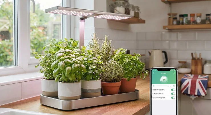 A modern smart grow light with app control installed over a selection of fresh indoor herbs in a British kitchen.
