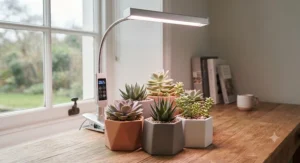A modern grow light with built-in timer and dimmer functionality providing optimal light intensity for a collection of succulents.