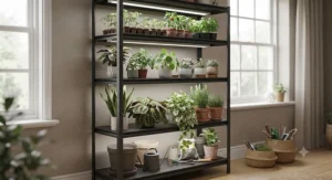 A sturdy metal multi-tier grow light shelf holding a variety of houseplants and seedlings.