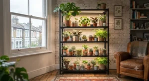 A multi-tiered grow light stand filled with various indoor plants, optimising vertical space.