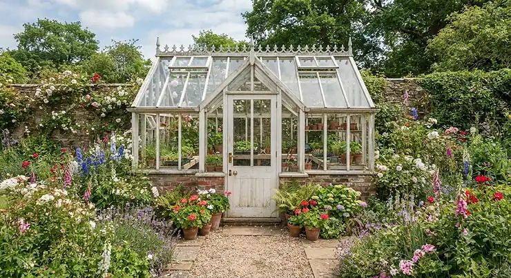 A traditional glass greenhouse nestled in a lush British country garden surrounded by flowering borders