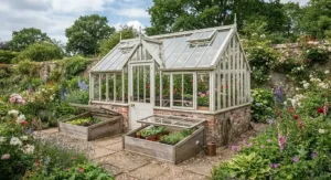 Traditional glass greenhouse paired with wooden cold frames for year-round propagation in the UK