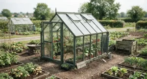 Traditional glass greenhouse with clear toughened panes set up on a British allotment.