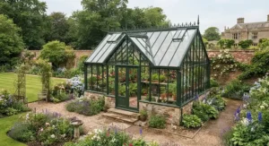 A classic Victorian-style greenhouse with ornate detailing situated in a landscaped British garden