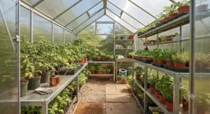 Interior view of a walk-in polycarbonate greenhouse featuring metal staging shelves and potted tomato plants