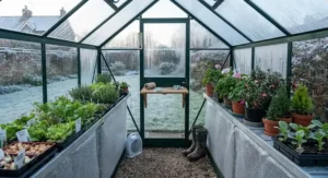Overwintering hardy plants and winter crops inside a protected 6x8 greenhouse during frosty British conditions.
