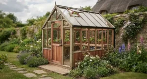 Traditional pressure-treated timber and Western Red Cedar 6x8 greenhouse offering a classic look for British country gardens.