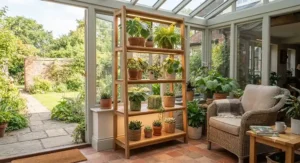 A decorative wooden grow light stand displaying a collection of houseplants in a home conservatory.