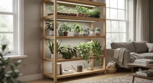 A contemporary wooden multi-tier grow light shelf blending with living room home decor.
