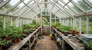 Interior view of a wooden traditional glass greenhouse with staging benches filled with potted seedling trays