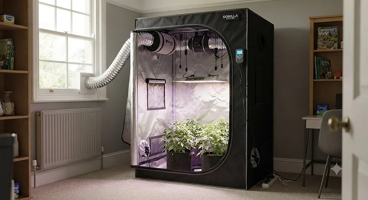 A fully assembled best 60x60 grow tent set up indoors with an LED grow light and extractor fan in a UK home.