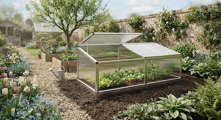 A sturdy best aluminium cold frame positioned in a well-kept British vegetable garden during spring
