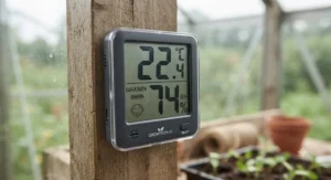 Close-up of a digital hygrometer for greenhouse climate control displaying accurate temperature and humidity readings.