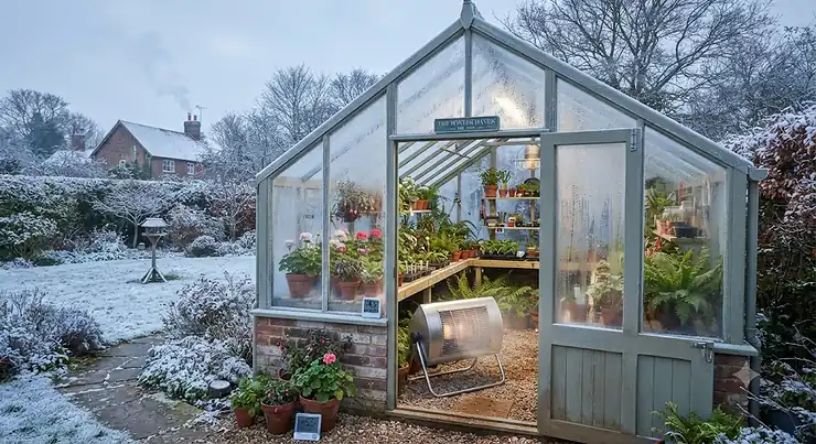 A frost-covered British garden greenhouse kept warm by an efficient greenhouse heater during winter.