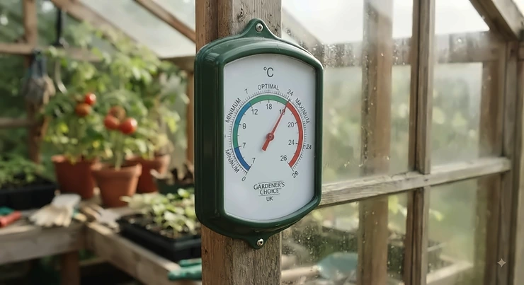 A professional greenhouse thermometer displaying optimal temperature ranges for British allotment gardening. best greenhouse thermometer