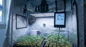 Digital hygrometer and climate control monitor set up within an indoor grow tent kit.