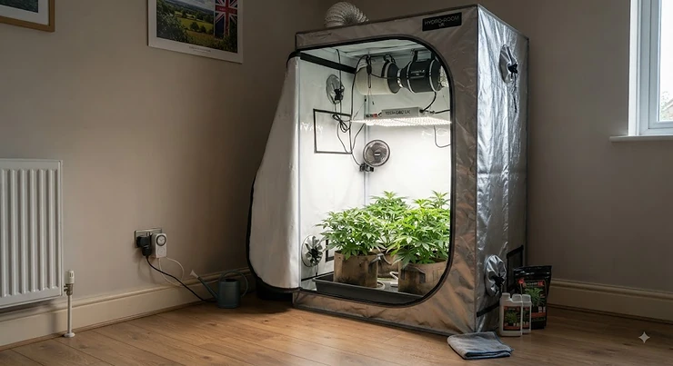 A complete best grow tent kit set up in a UK spare room featuring lighting and ventilation.