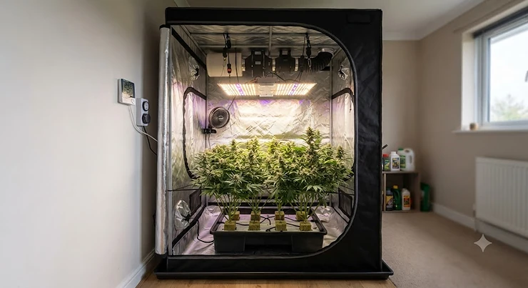 A complete indoor hydroponics setup featuring the best grow tent for UK growers in a spare room.