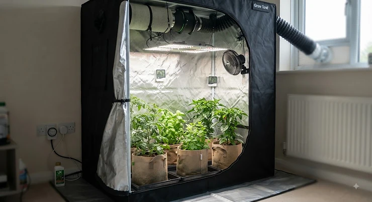 A high-quality medium grow tent fully assembled in a UK home, showing ideal plant spacing and ventilation setup. best medium grow tent