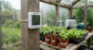 Close-up of a budget-friendly digital greenhouse thermometer showing current temperature and humidity levels.