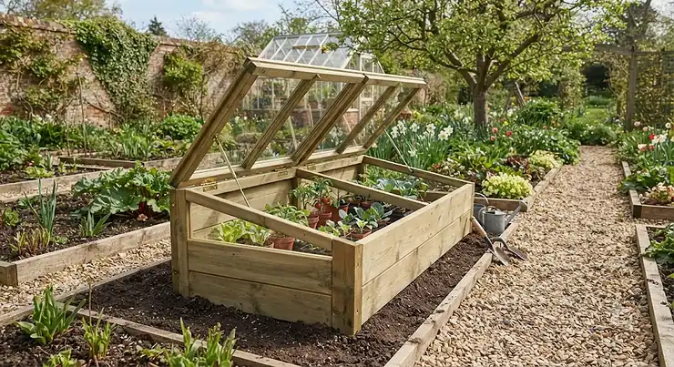 A sturdy wooden cold frame positioned in a well-kept British vegetable garden during spring