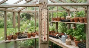 Traditional liquid-filled glass thermometer, a cost-effective way to measure greenhouse temperatures in a small garden.
