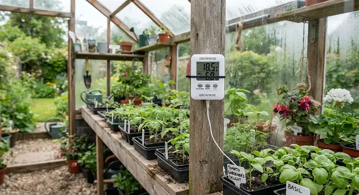 A clear, affordable digital thermometer mounted inside a British greenhouse to monitor ambient temperatures for tender plants.