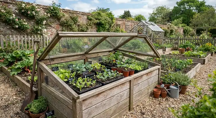 A wooden cold frame set up in a typical British vegetable garden for hardening off young vegetable seedlings in spring. cold frame for hardening off seedlings