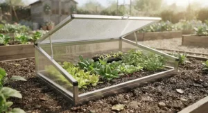 Close-up of leafy greens and seedlings growing inside a compact aluminium cold frame on an allotment