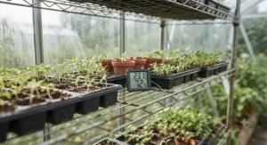 A compact digital hygrometer for greenhouse shelving units keeping watch over delicate seedlings.