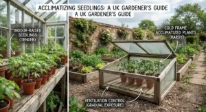 Diagram showing tender seedlings acclimatising to outdoor British weather inside a mini greenhouse cold frame.