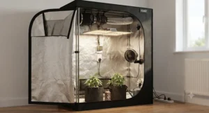 A complete 60x60 grow tent kit including carbon filter, fan, timer, and digital hygrometer.