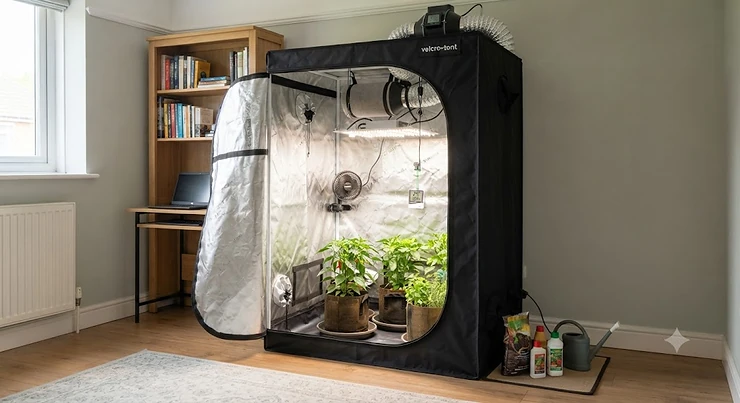 A complete grow tent kit set up in a UK spare room, showing an ideal starter setup for beginners.
