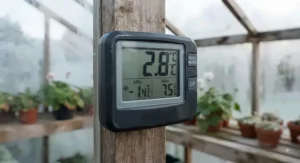 Close-up of a digital greenhouse thermometer showing minimum and maximum temperature records for winter frost monitoring.