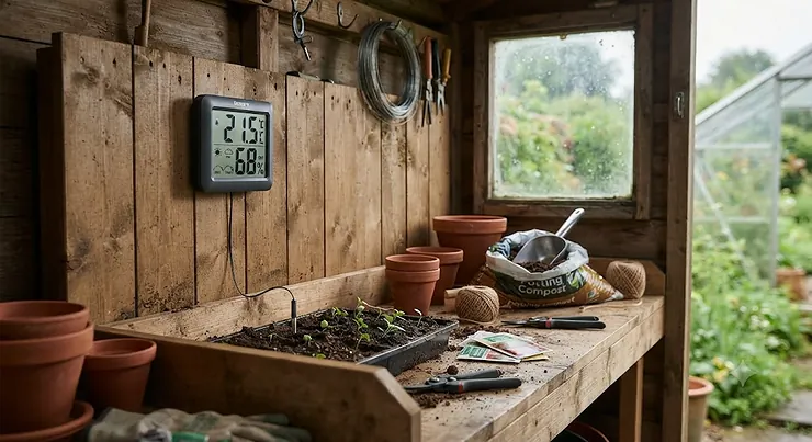 A digital hygrometer for greenhouse monitoring mounted on a potting bench in a British garden shed.
