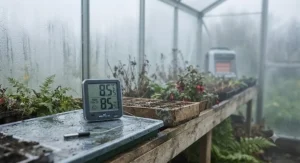A digital hygrometer for greenhouse winter management helping prevent condensation and mould in colder weather.
