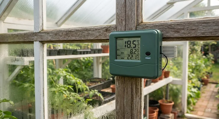 Digital min max thermometer displayed inside a British garden greenhouse for monitoring temperature fluctuations.