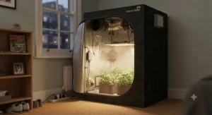 A quiet and stealthy 60x60 grow tent setup operating efficiently in a British urban flat.