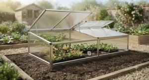 A double-lid aluminium cold frame showing adjustable ventilation props for hardening off tender plants